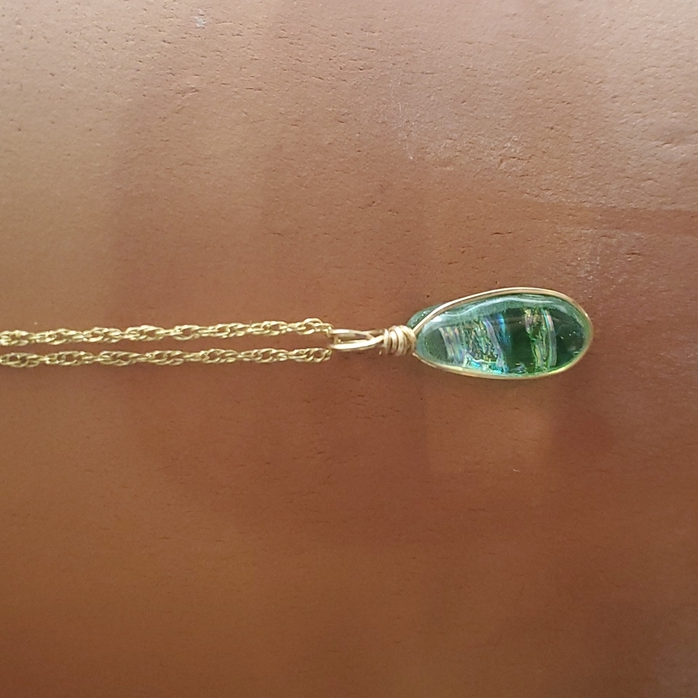 Gold Chain Blue & Green Glass Quartz Pendant